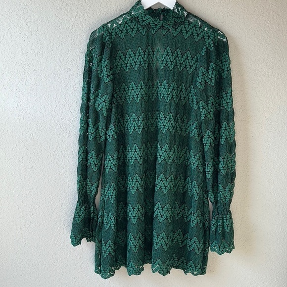 Free People  Simone Mock Neck Lace Dress in Hunter Green Size Small - Picture 2 of 12